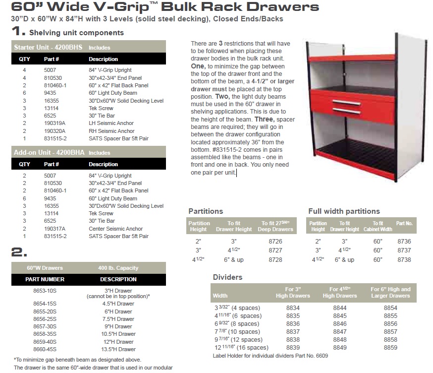 60” Wide V-Grip™ Bulk Rack Drawers